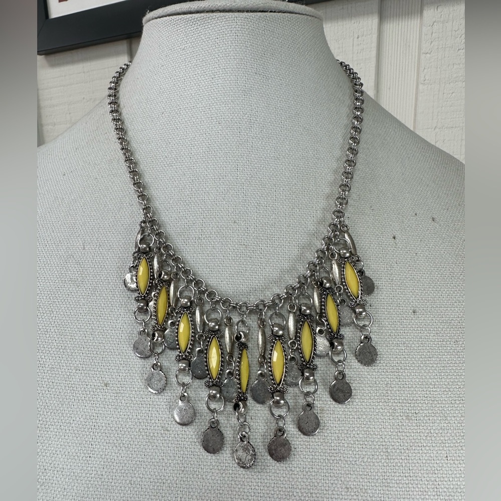 Silvertone necklace with yellow dangles